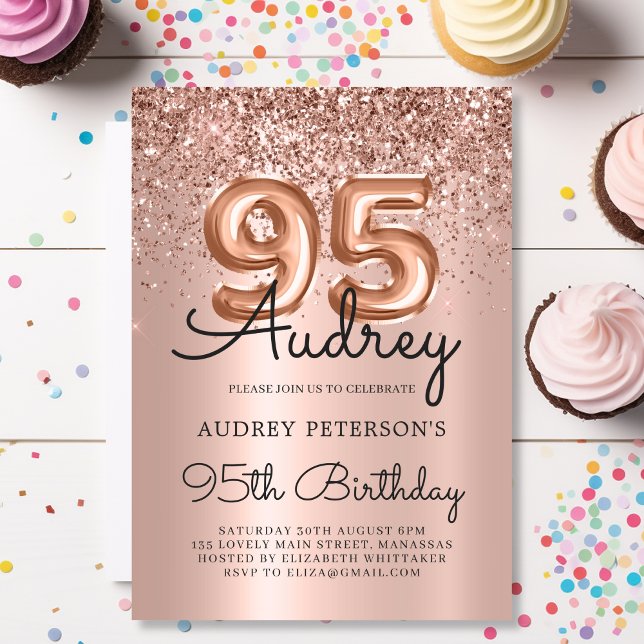 Invitación Rosa de moda Purpurina de oro Globo 95º cumpleaños (Subido por el creador)