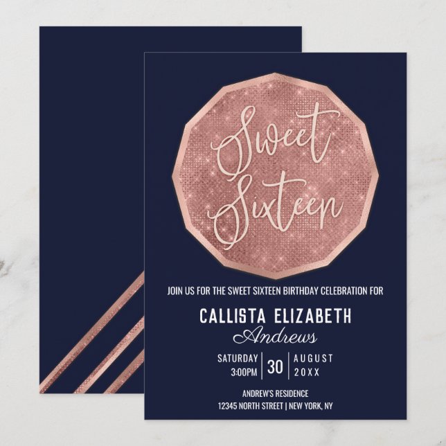 Invitación Rosa de moda Purpurina de oro Poligon Geo Sweet 16 (Anverso / Reverso)