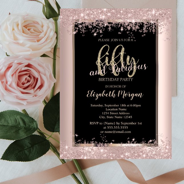 Invitación Rosa de moda Purpurina de oro resquebraja 50 cumpl (Subido por el creador)