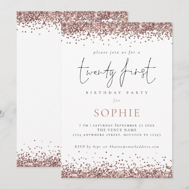 Invitación Rosa de moda Purpurina de oro Veintiuno Fiesta (Anverso / Reverso)