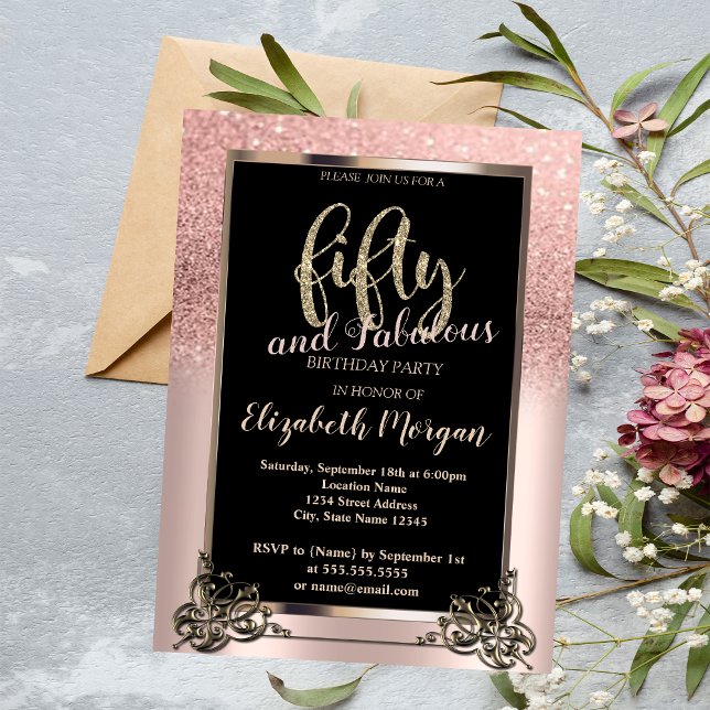 Invitación Rosa de moda Purpurina Oro Ombre 50 cumpleaños (Subido por el creador)