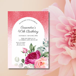 Invitación Rosa de moda Purpurina Rojo Floral Cumpleaños