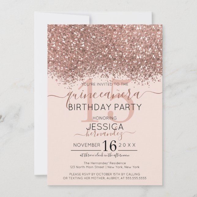 Invitación Rosa de moda Purpurina rosa de oro Confetti Quince (Anverso)