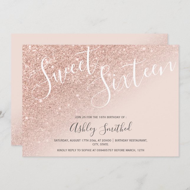 Invitación rosa de moda purpurina rosa oscuro dulce dieciséis (Anverso / Reverso)
