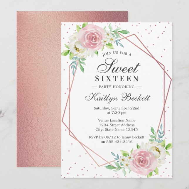Invitación Rosa de moda Relieve metalizado dorado Dulce Flora (Anverso / Reverso)