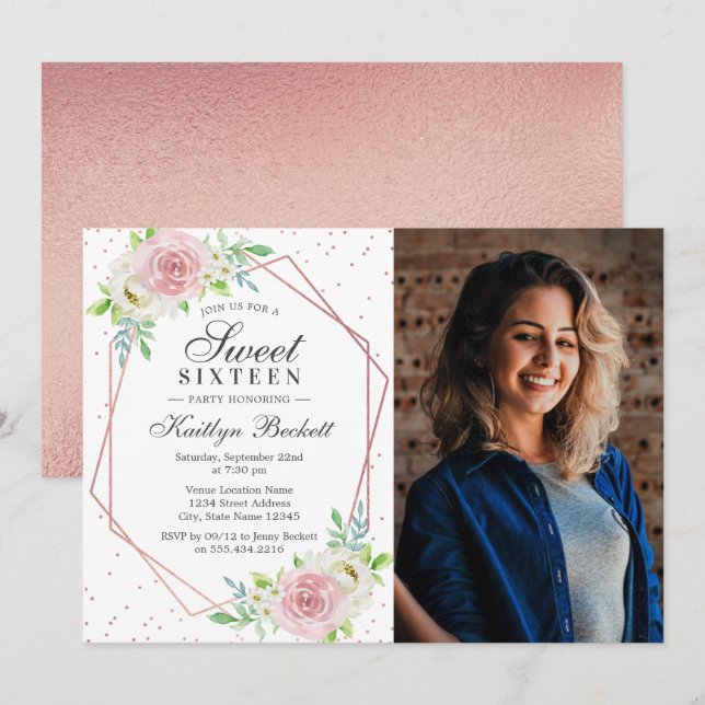 Invitación Rosa de moda Relieve metalizado dorado Floral Foto (Anverso / Reverso)