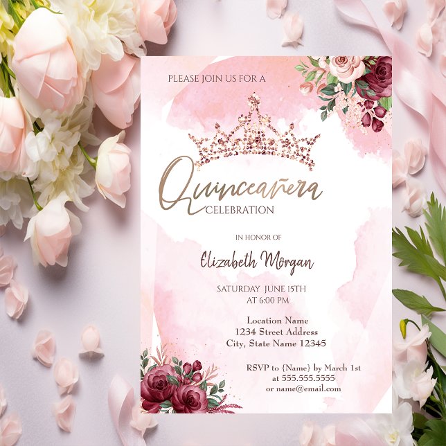 Invitación Rosa de moda Rosas Purpurinas de oro coronan Quinc (Subido por el creador)