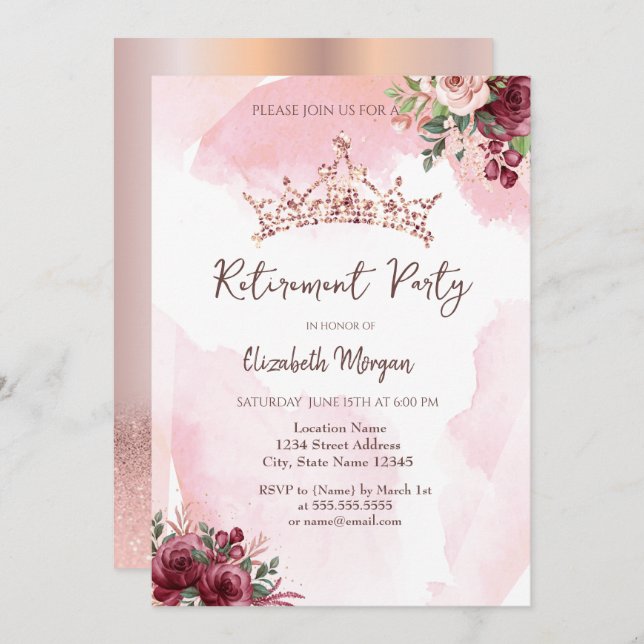 Invitación Rosa de moda Rosas Purpurinas de oro jubilados (Anverso / Reverso)