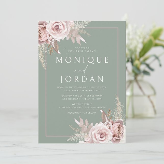Invitación Rosa de moda Rubor y Boda Sage (Anverso de pie)