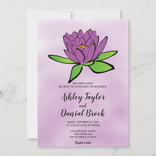 Invitación Rosa de moda verde  de loto morado Boda floral (Anverso)