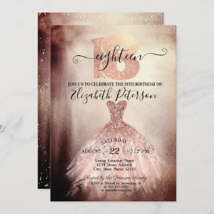 Invitación Rosa de moda Vestido de Oro Confetti 18 cumpleaños