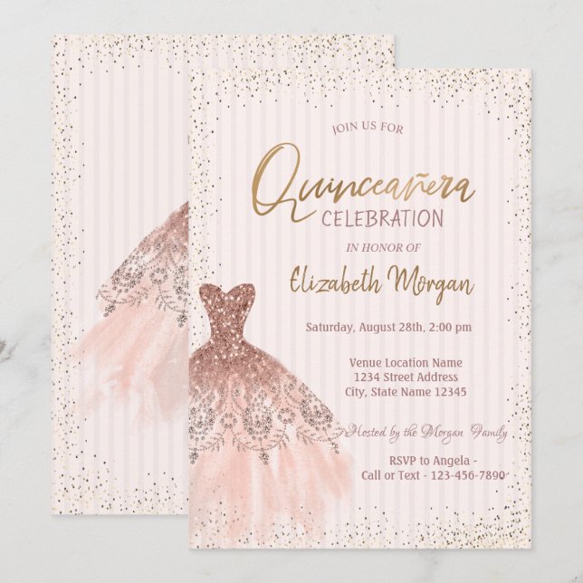 Invitación Rosa de moda Vestido de oro Estampadas de Confetti (Anverso / Reverso)