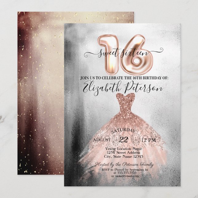 Invitación Rosa de moda Vestido de oro Plata Confetti Dulce 1 (Anverso / Reverso)