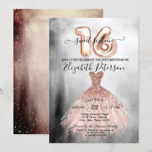 Invitación Rosa de moda Vestido de oro Plata Confetti Dulce 1