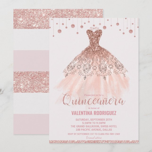 Invitación Rosa de moda Vestido de Oro Quinceañera 15º cumple (Anverso / Reverso)