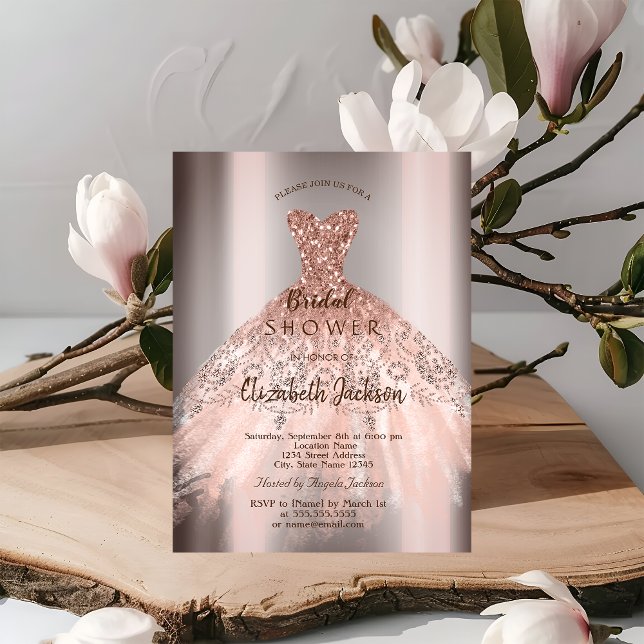 Invitación Rosa de moda vestido Purpurina de oro, ducha de no (Subido por el creador)