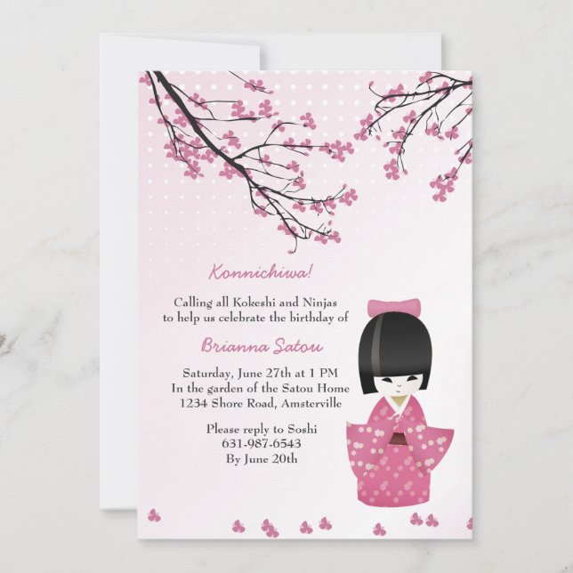 Invitación Rosa de muñeca kokeshi (Anverso)