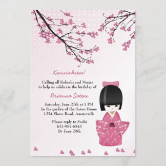 Invitación Rosa de muñeca kokeshi