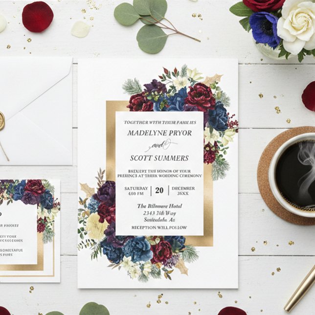 Invitación Rosa De Navidad Invernal Floral Boda Acuarela En (Subido por el creador)