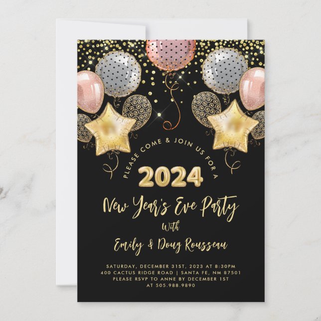 Invitación Rosa de Nochevieja y Purpurina de Oro de Año Nuevo (Anverso)