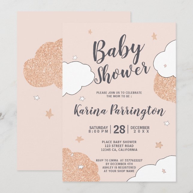 Invitación Rosa de nubes rosa doradas estrellas chica ducha d (Anverso / Reverso)