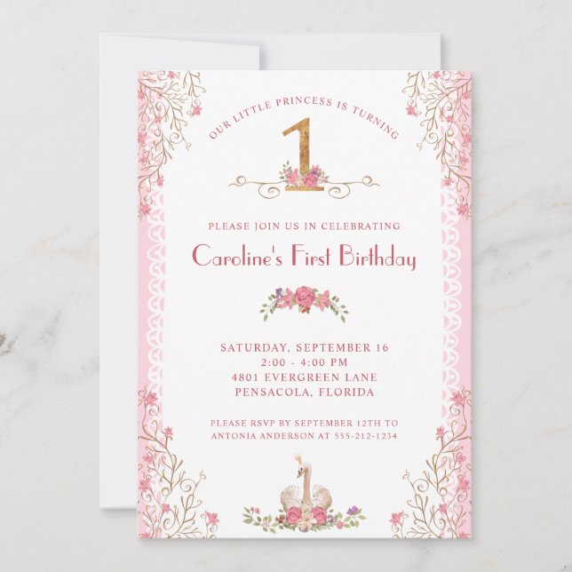 Invitación rosa de nuestro primer cumpleaños de la (Anverso)