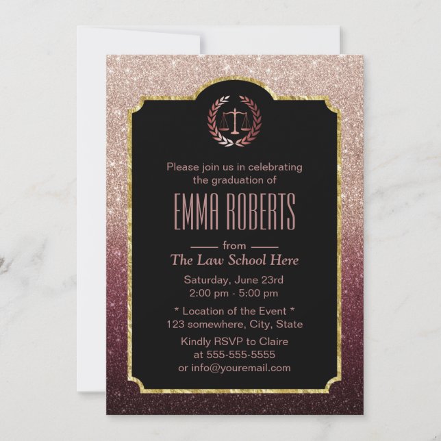 Invitación Rosa de Ombre Ombre Oro de Abogado de la Facultad  (Anverso)