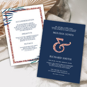 Invitación Rosa de Oro Ampersand Rama de Hoja Azul Marinho Bo