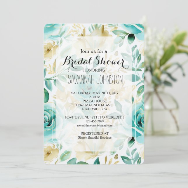 Invitación Rosa de oro Aqua Mint White Cream Ducha nupcial (Anverso de pie)