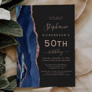 Invitación Rosa de Oro Azul Marino Ágata Oscuro Cumpleaños 50