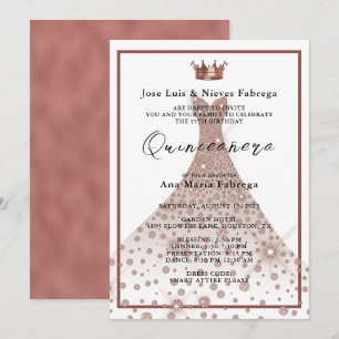 Invitación Rosa de Oro Ball Gown y Tiara Quinceañera cumpleañ