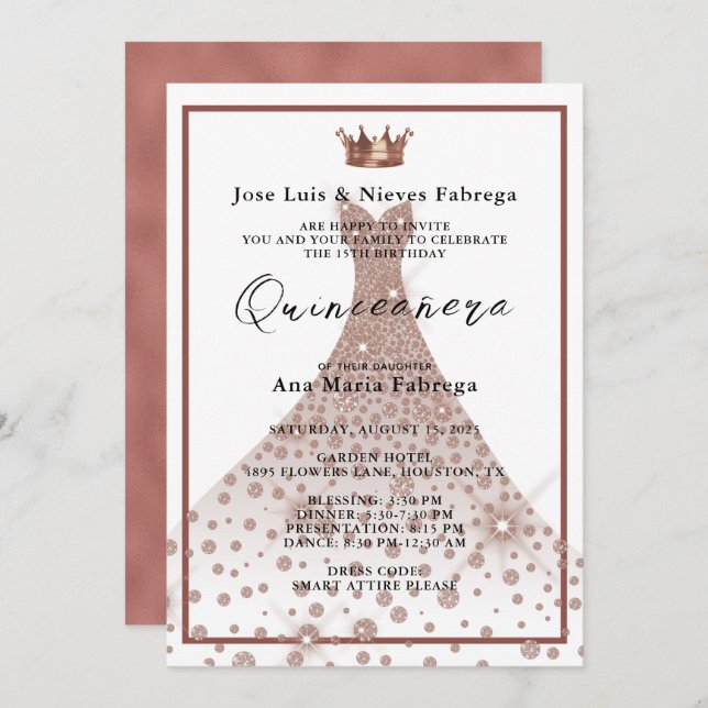 Invitación Rosa de Oro Ball Gown y Tiara Quinceañera cumpleañ (Anverso / Reverso)