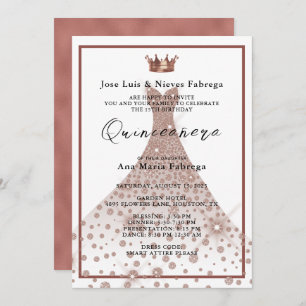 Invitación Rosa de Oro Ball Gown y Tiara Quinceañera cumpleañ