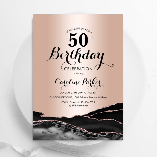 Invitación Rosa de oro Black Agate Marble 50 cumpleaños (Subido por el creador)