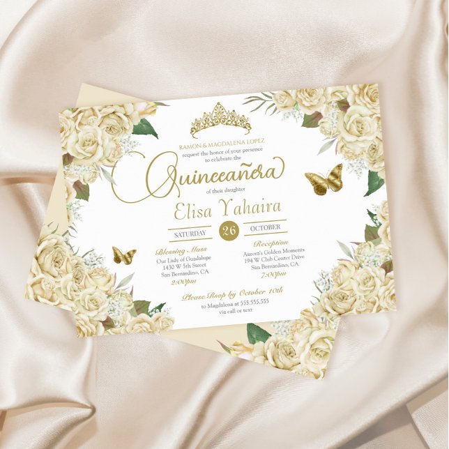 Invitación Rosa de oro blanco crema mariposa floral Quinceane (Subido por el creador)