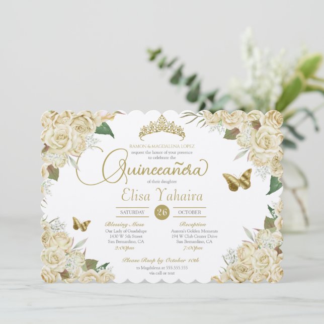 Invitación Rosa de oro blanco crema mariposa floral Quinceane (Anverso de pie)