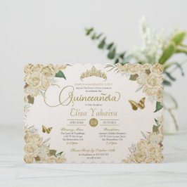 Invitación Rosa de oro blanco crema mariposa floral Quinceane