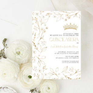 Invitación Rosa de oro blanco moderno Floral Tiara Quinceañer