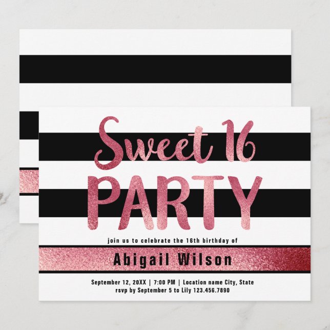 Invitación Rosa de oro blanco negro dulce fiesta de cumpleaño (Anverso / Reverso)