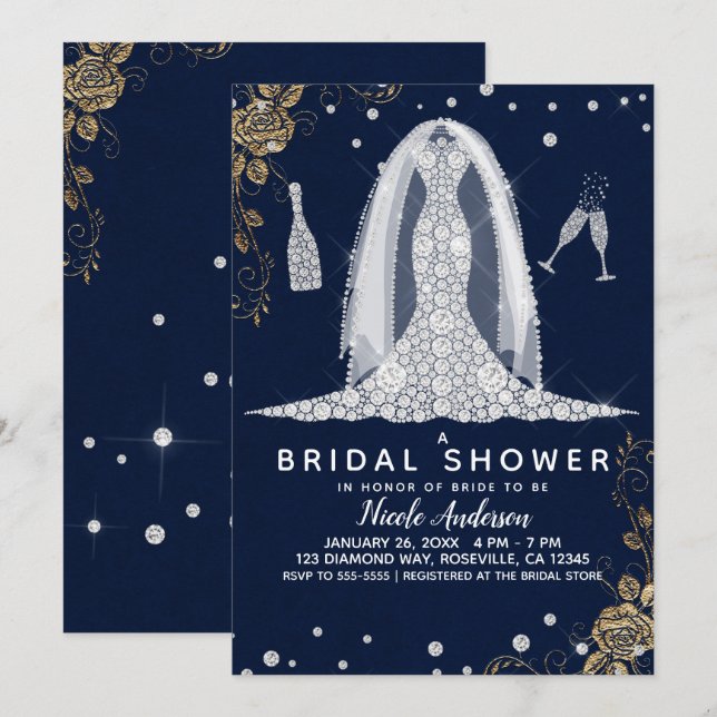 Invitación Rosa de oro Boda de diamantes vestido de novia duc (Anverso / Reverso)