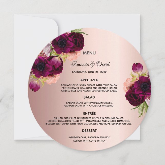 Invitación Rosa de oro borgoña floral boda carta (Anverso)