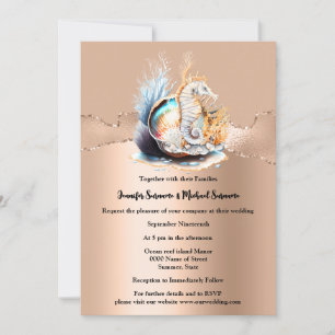 Invitación Rosa de oro caballito de mar shimmer cáscara iridi