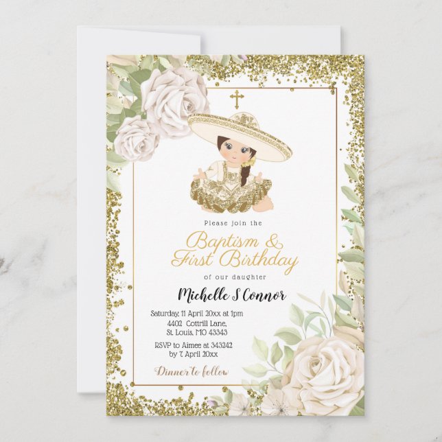 Invitación Rosa de oro Charra Chica Cumpleaños y Bautismo (Anverso)