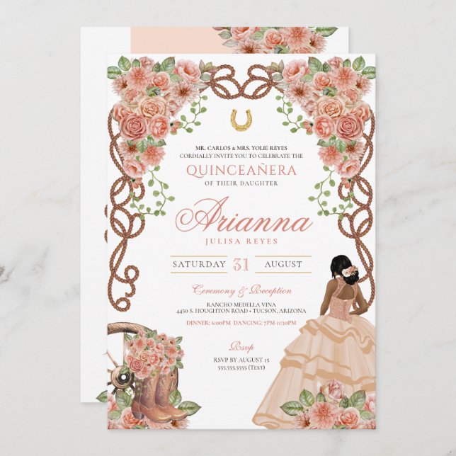 Invitación Rosa de Oro Charro Quinceañera Floral Rubor (Anverso / Reverso)