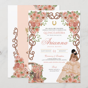 Invitación Rosa de Oro Charro Quinceañera Floral Rubor