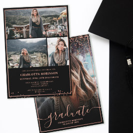 Invitación Rosa de oro confeti borde guión foto graduación