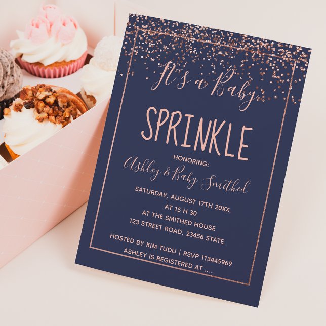 Invitación Rosa de oro confetti azul marino bebé ducha de roc (Subido por el creador)