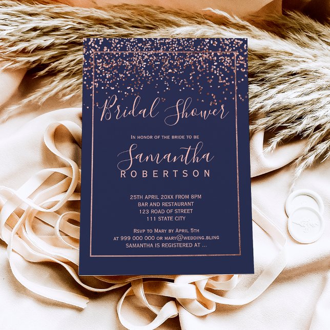 Invitación Rosa de oro confetti azul marino ducha de novia (Subido por el creador)