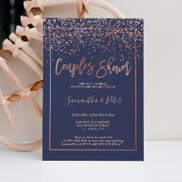 Invitación Rosa de oro confetti azul marino parejas de guione