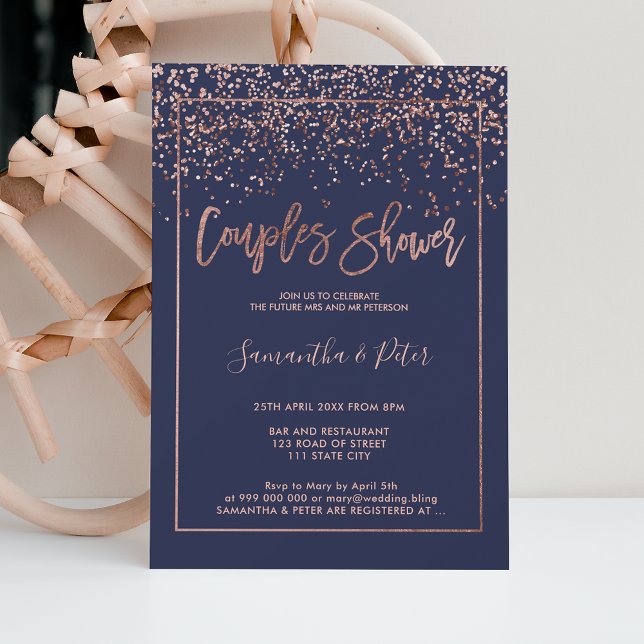 Invitación Rosa de oro confetti azul marino parejas de guione (Subido por el creador)